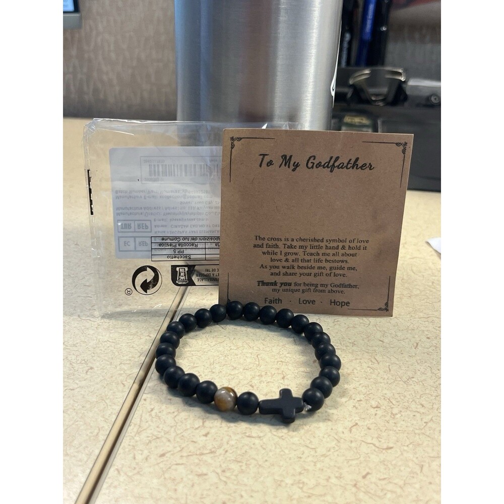 To My Godfather Black Beaded Cross Bracelet Natural Stone Tiger Eye GiftNote New